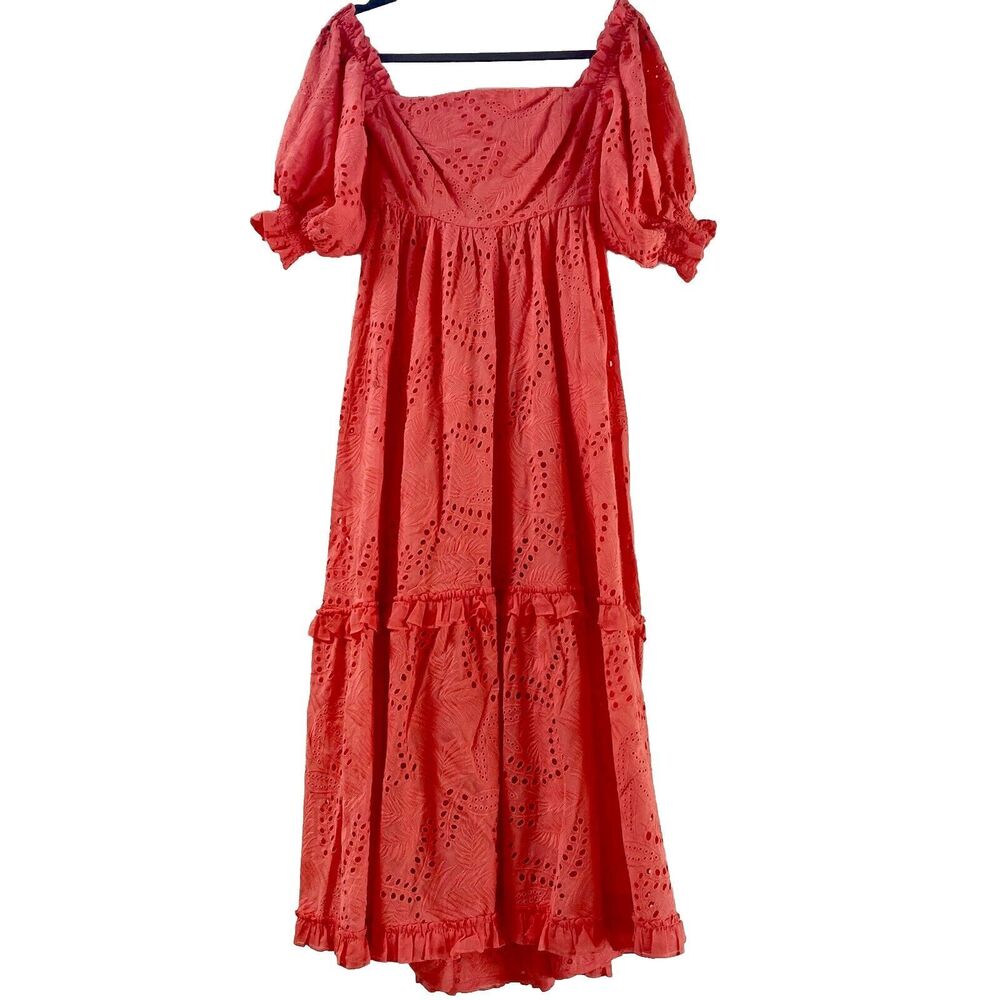 Waimari Belmond Coral Pink Puff Sleeve Eyelet Lace Peasant Maxi Dress Size S - Picture 5 of 9